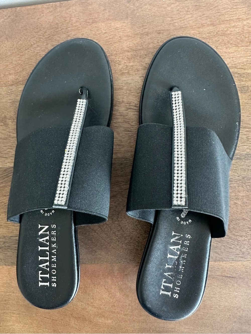 Italian Shoemakers Black Centerline Jewelled Thong Sandal w/Wedge Heel Sz 8.5